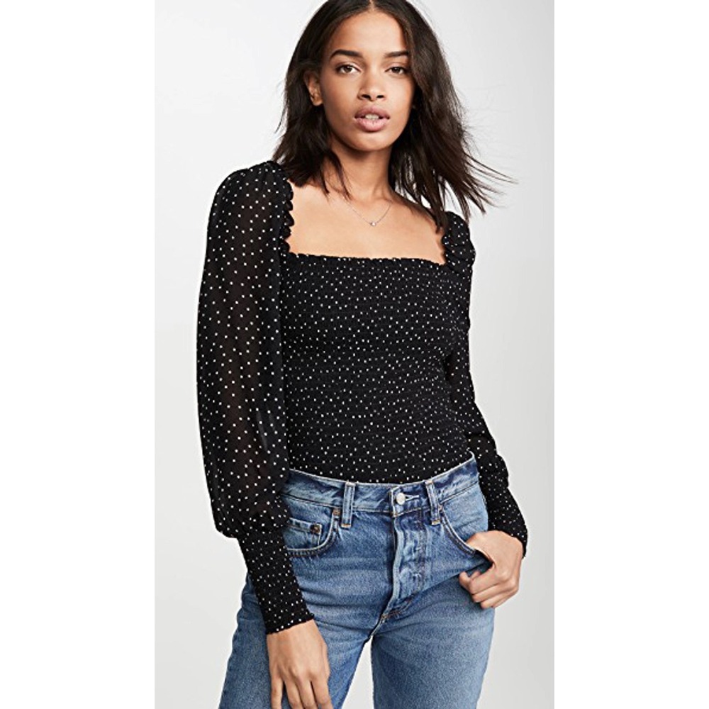 Reformation Smocked Square Neck Selene Polka Dot Pinto Top Witchy Whimsigoth - L